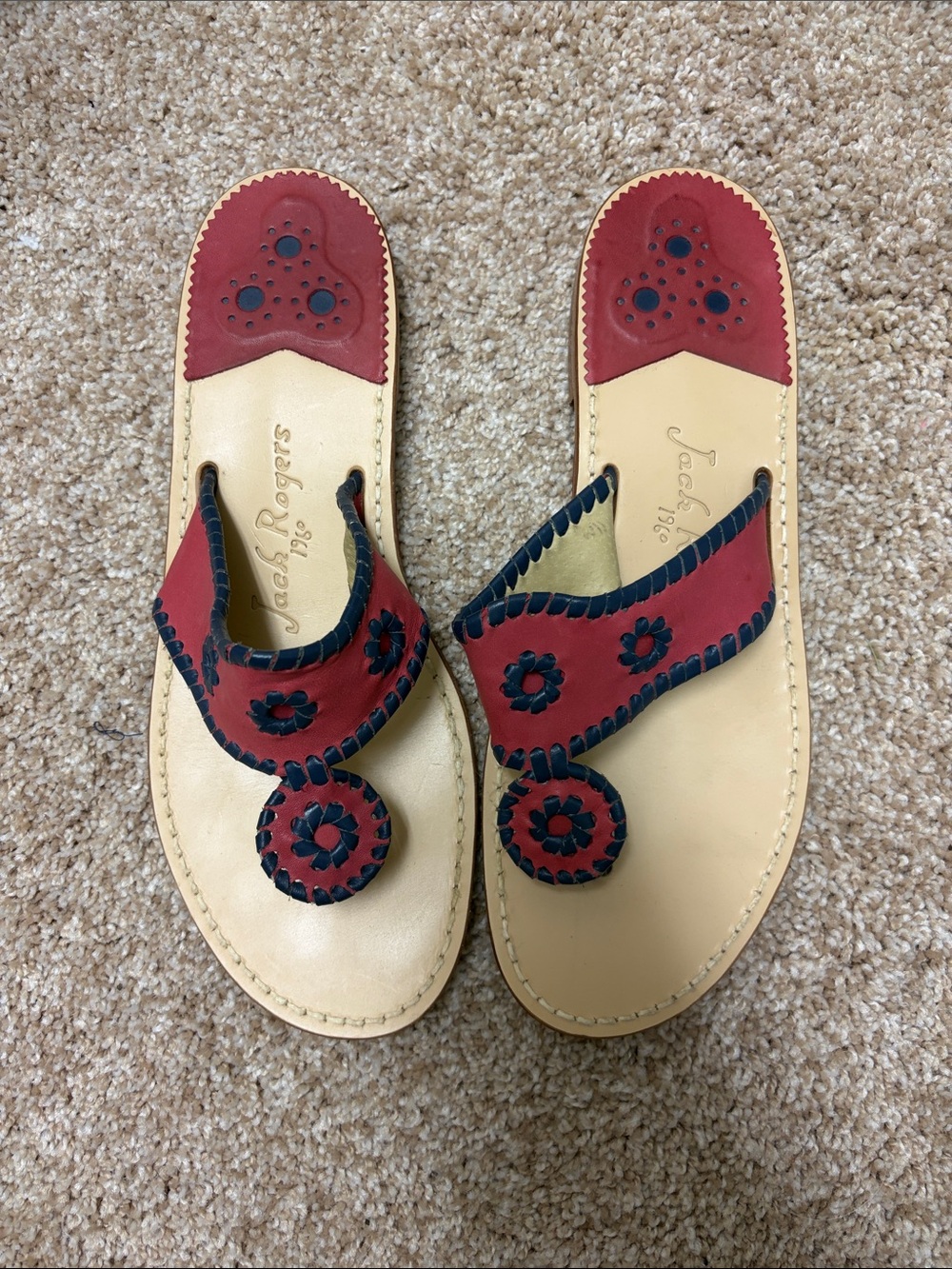 Jack Rogers Red Leather Whipstitch Thong Sandals with Navy Accents
